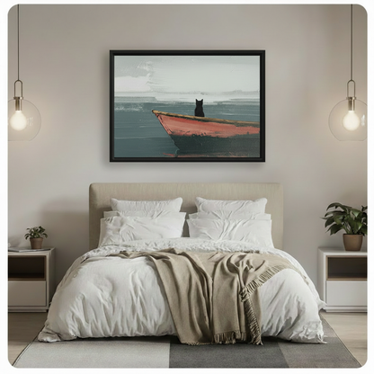 Framed black cat on red rowboat lake oil painting displayed above bed in serene minimalist bedroom with pendant globe lights and white bedding