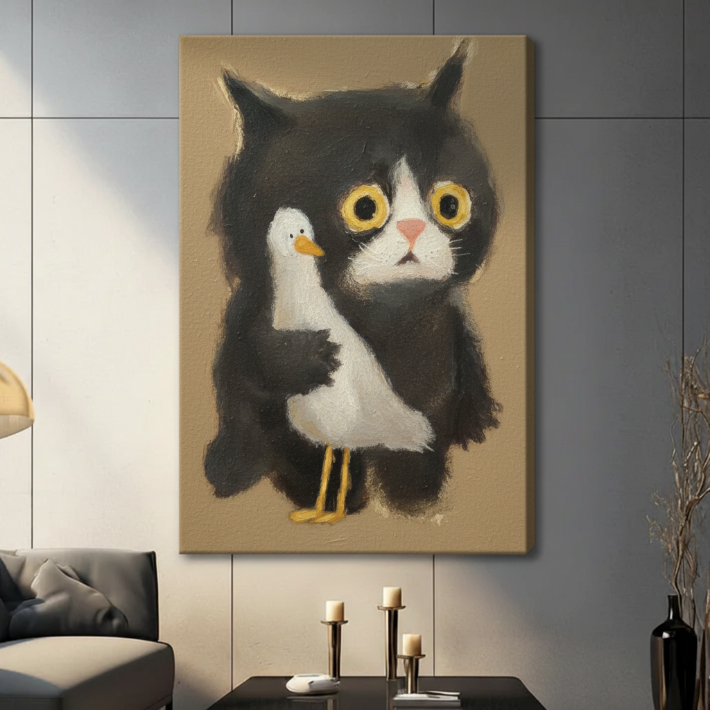 Black cat and seagull folk art stretched canvas print on grey wall — whimsical animal painting for contemporary living room decor