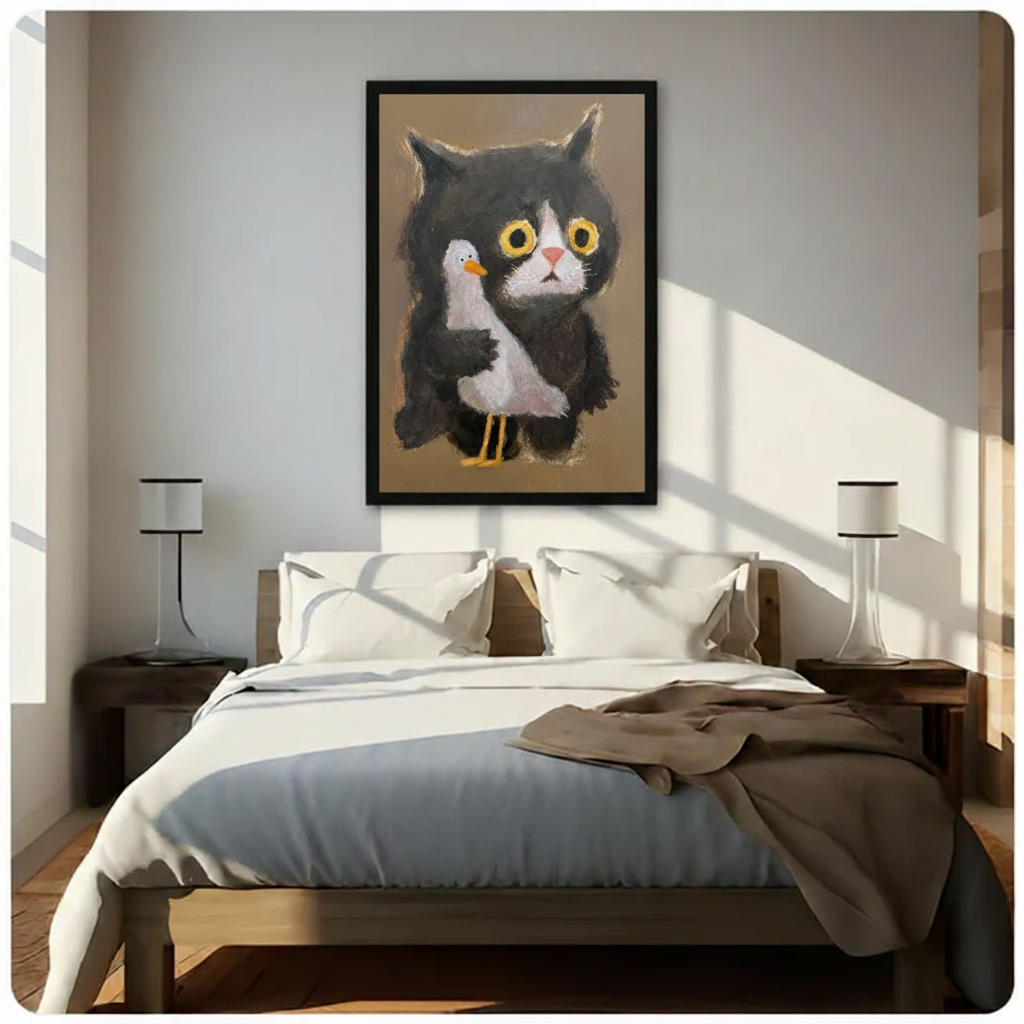 Black cat seagull framed canvas above bed — charming folk art decor for cozy reading nook