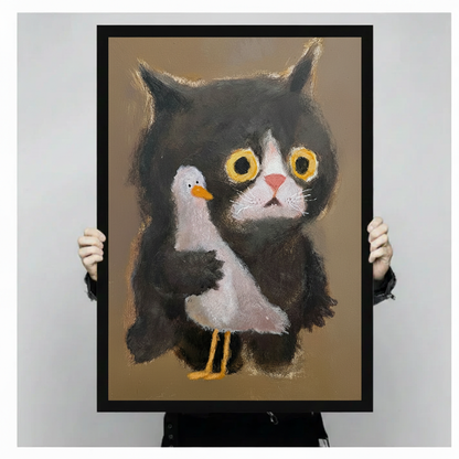 Close-up detail of black cat seagull folk art canvas — expressive pastel brushwork and earthy tones


