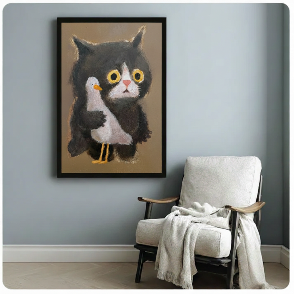 Pastel folk art cat and bird canvas beside armchair — whimsical animal art for bohemian bedroom