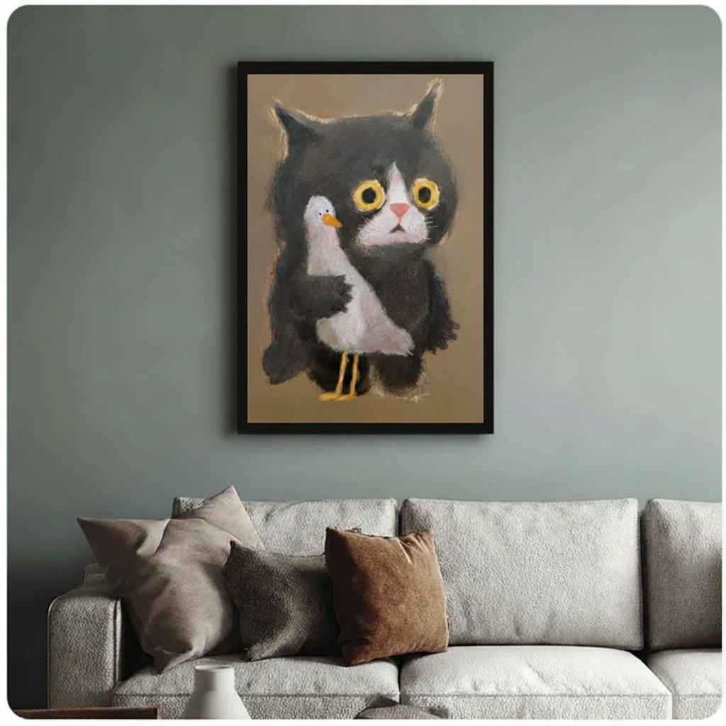 Black cat holding seagull framed canvas print — pastel folk art wall decor for modern homes