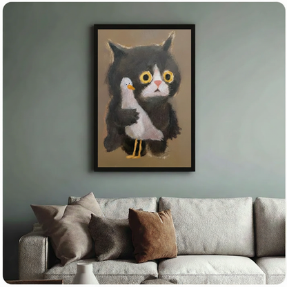 Black cat holding seagull framed canvas print — pastel folk art wall decor for modern homes