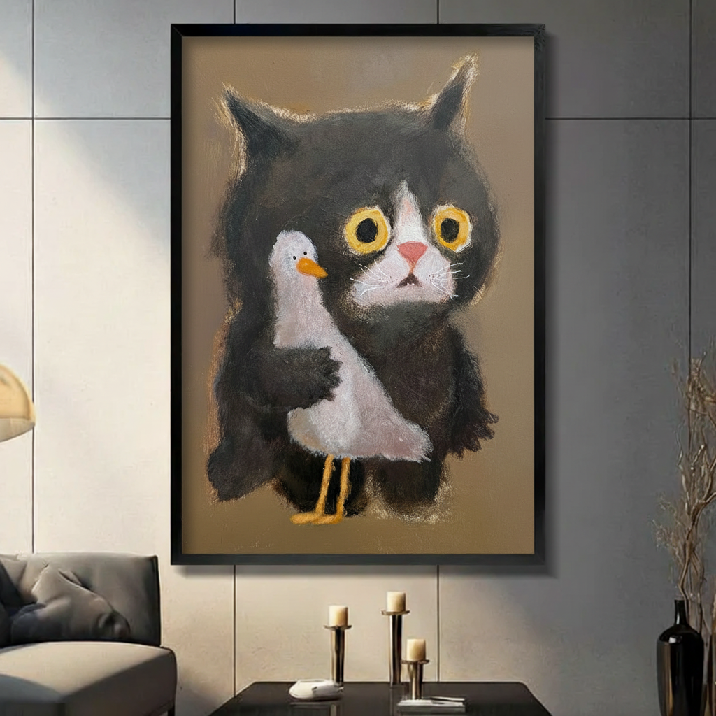 Black cat holding seagull framed canvas print — pastel folk art wall decor for modern homes