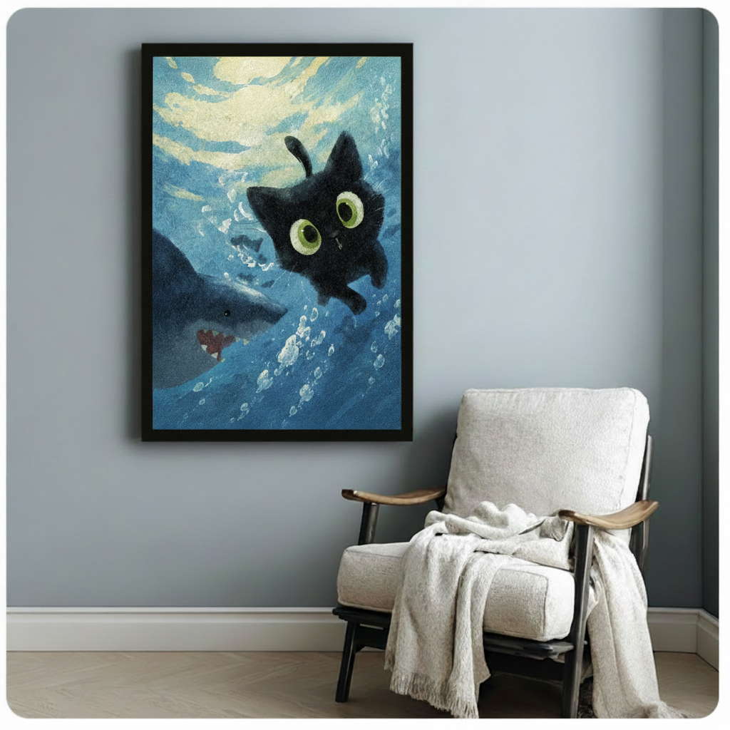 Black framed funny cat and shark underwater illustration poster hanging on light blue-gray wall beside a cozy white linen armchair