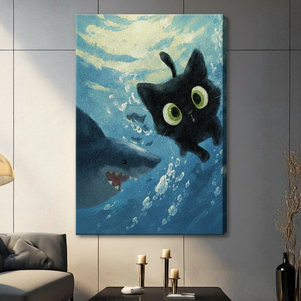 Frameless stretched canvas print featuring a curious black cat with green eyes encountering a shark underwater in vibrant blue ocean oil painting style