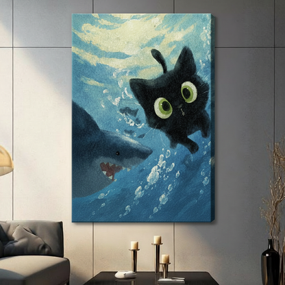 Frameless stretched canvas print featuring a curious black cat with green eyes encountering a shark underwater in vibrant blue ocean oil painting style
