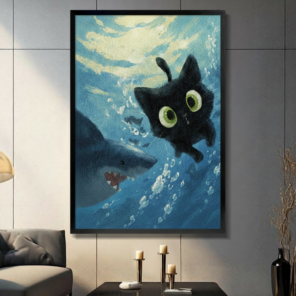 Whimsical oil painting style wall art of a wide-eyed black cat swimming underwater facing a shark, displayed in black frame on dark gray wall in modern living room