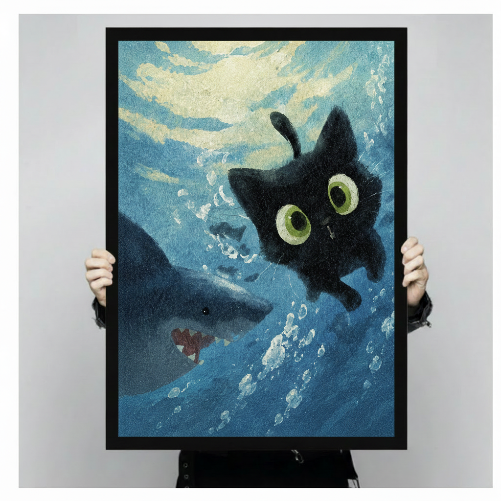 Person holding large black framed oil painting art print showing a startled black cat with glowing green eyes swimming alongside an open-mouthed shark