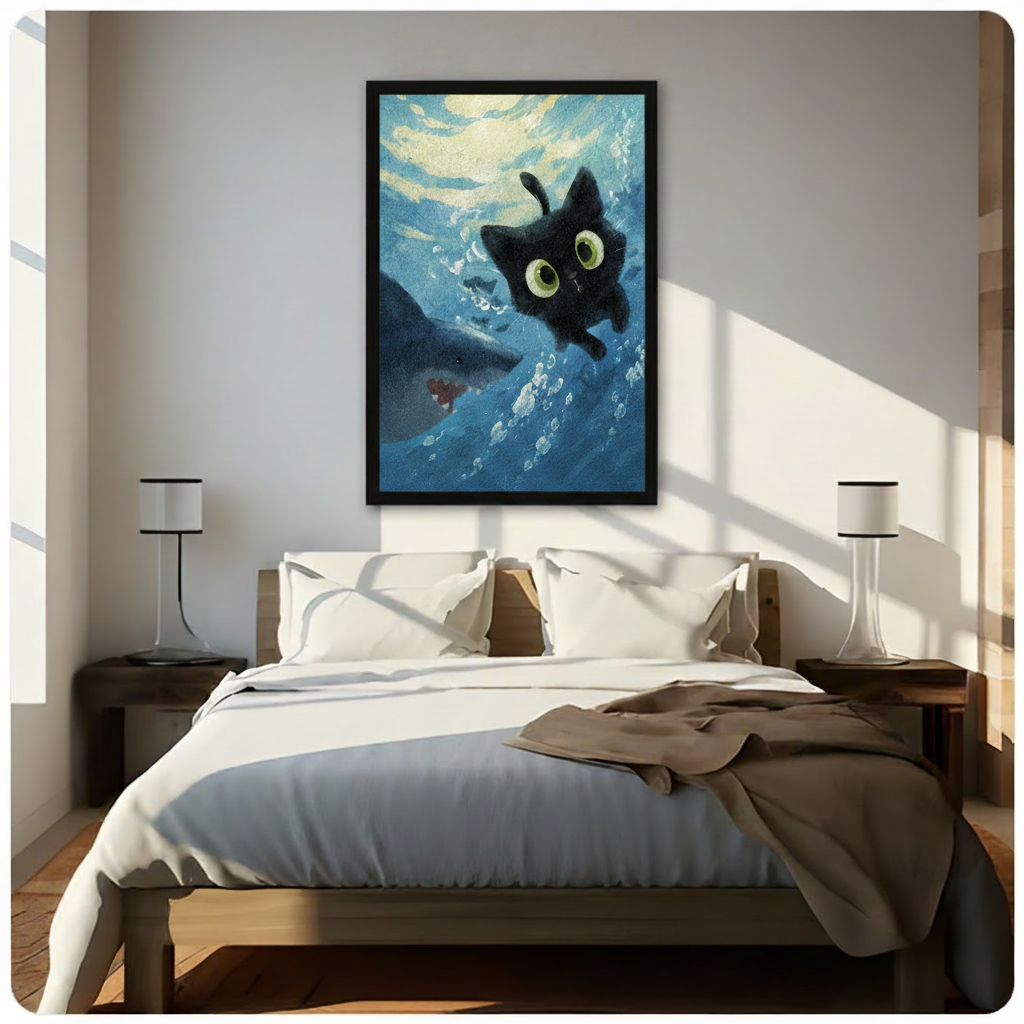 Whimsical black cat and shark underwater oil painting in black frame mounted above bed in bright minimalist bedroom with warm natural sunlight