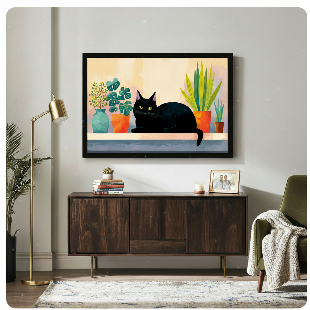 Whimsical black cat houseplant illustration in black float frame displayed above dark walnut sideboard in cozy modern living room