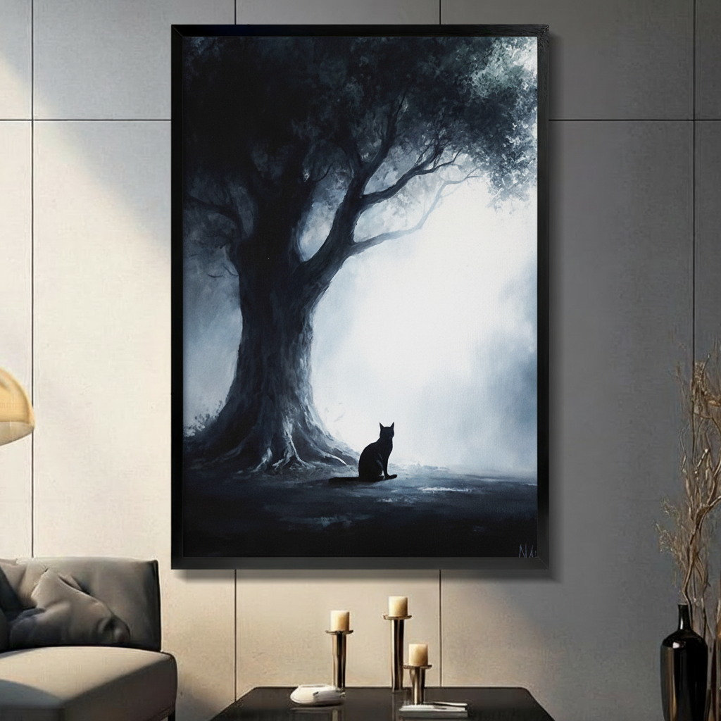 Black cat silhouette sitting beside ancient tree roots in misty forest digital oil painting in black frame on grey panel wall – dark blue atmospheric forest cat canvas wall art for living room