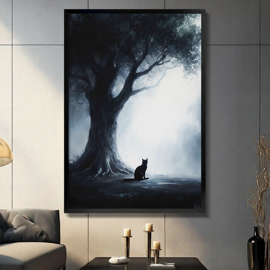 Black cat silhouette sitting beside ancient tree roots in misty forest digital oil painting in black frame on grey panel wall – dark blue atmospheric forest cat canvas wall art for living room