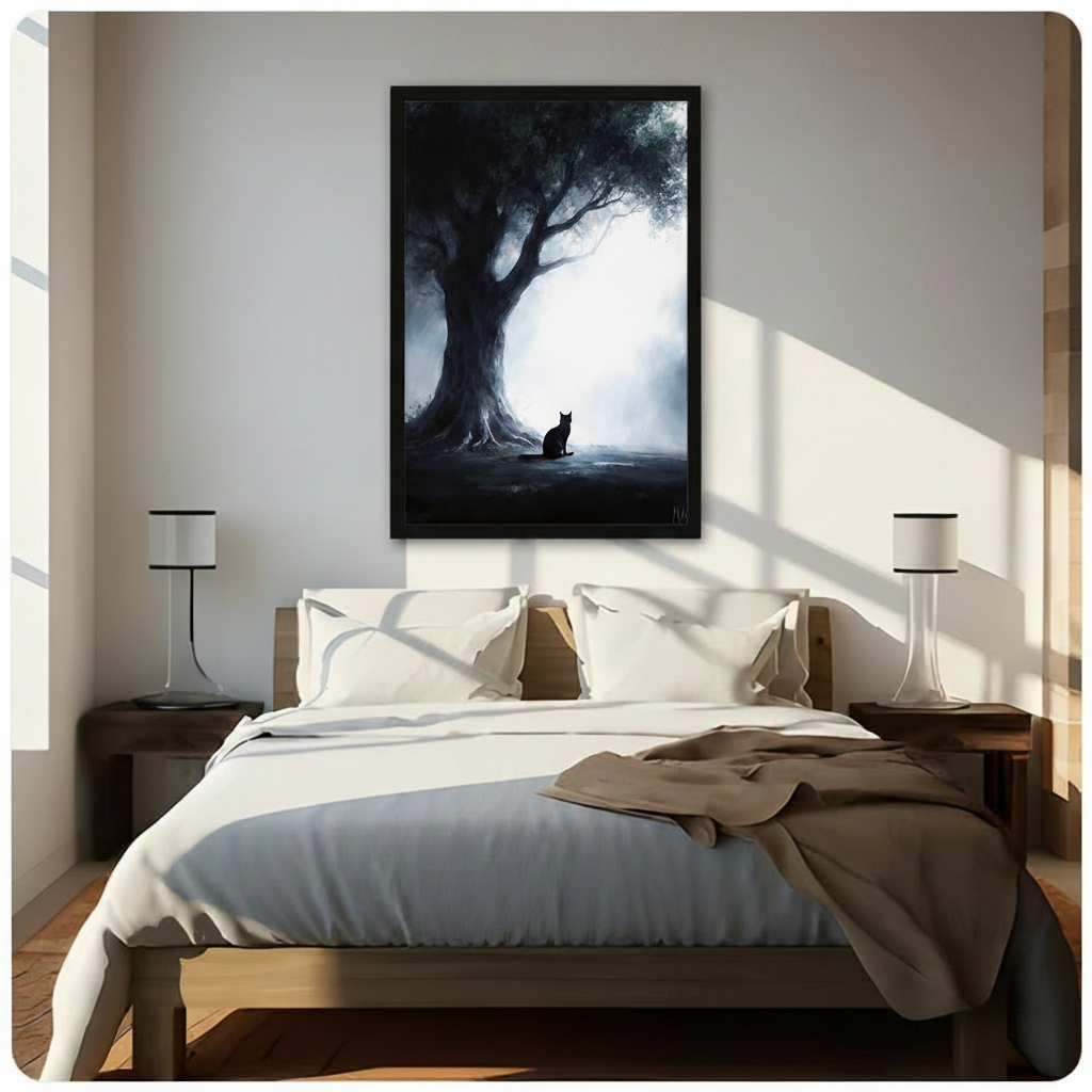 Framed black cat silhouette sitting beside massive ancient tree roots in misty forest digital oil painting above wooden bed in sunlit bedroom – dark atmospheric forest cat canvas wall art for bedroom decor