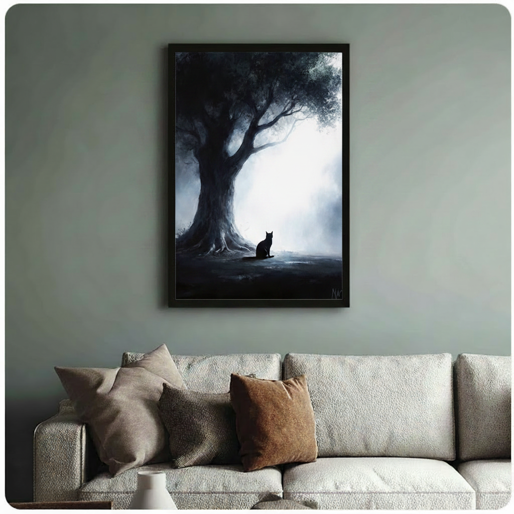 Framed black cat silhouette sitting by ancient tree roots in misty forest digital oil painting above cream textured sofa on sage green wall – dark blue moody forest cat canvas wall art for living room decor