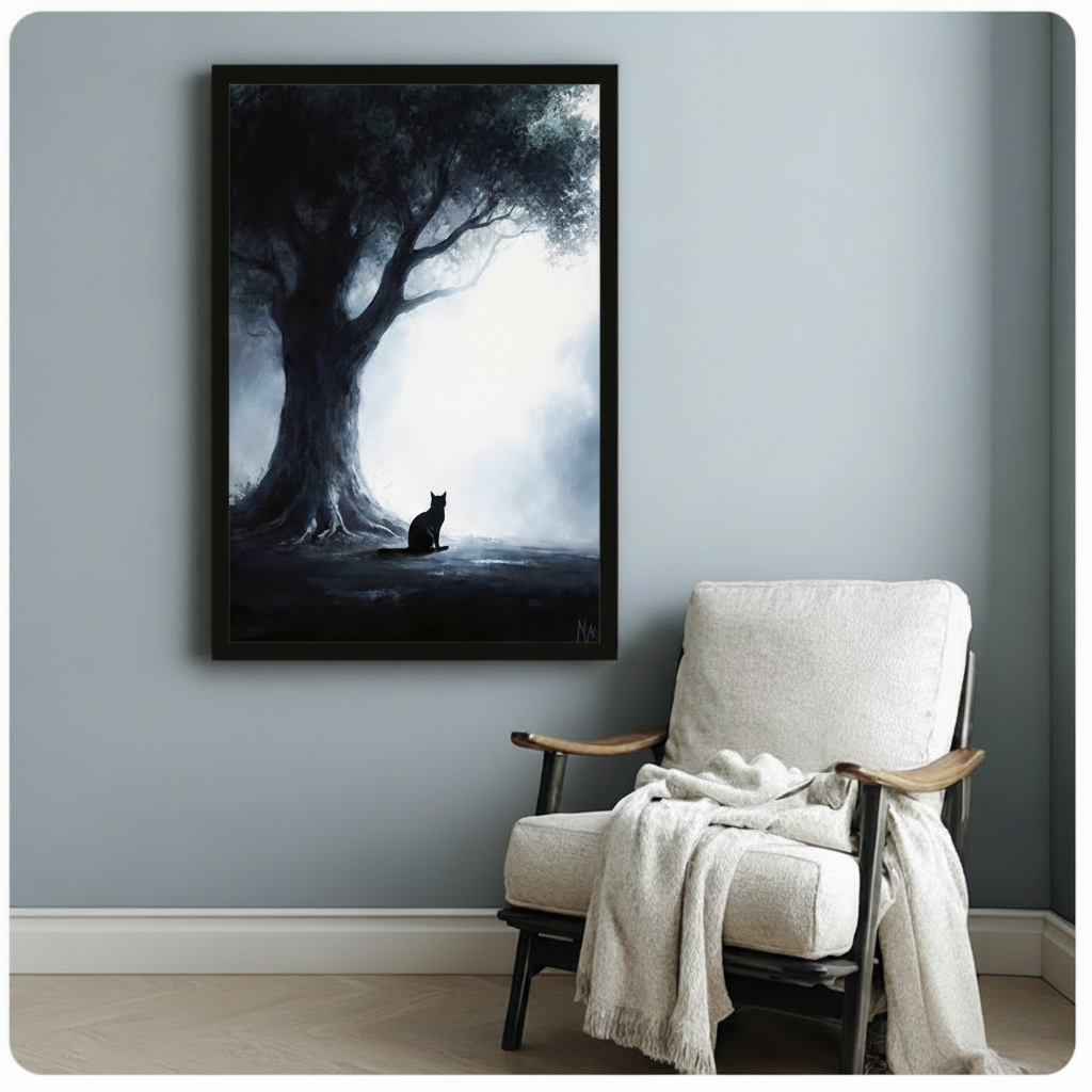 Black cat silhouette in misty forest framed digital oil painting beside white linen armchair with throw on blue grey wall – ancient tree glowing light atmospheric cat canvas art for reading corner