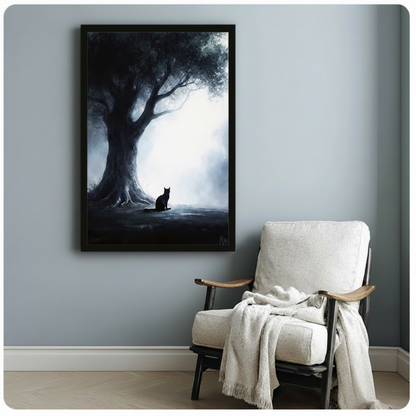 Black cat silhouette in misty forest framed digital oil painting beside white linen armchair with throw on blue grey wall – ancient tree glowing light atmospheric cat canvas art for reading corner