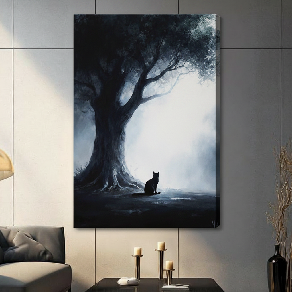 Frameless black cat silhouette beside massive ancient tree in misty glowing forest digital oil painting on grey panel wall – dark atmospheric moody cat canvas print for contemporary living room