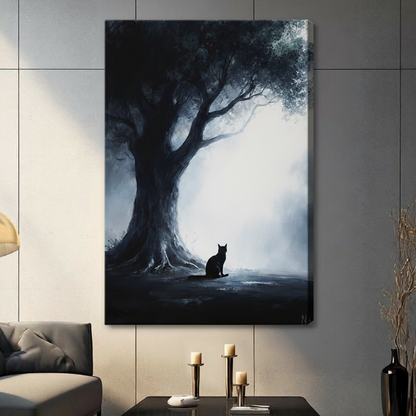 Frameless black cat silhouette beside massive ancient tree in misty glowing forest digital oil painting on grey panel wall – dark atmospheric moody cat canvas print for contemporary living room