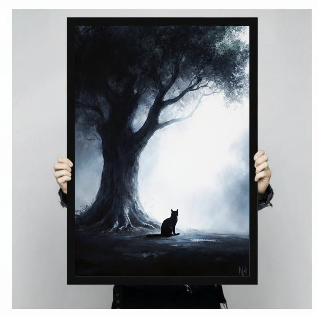 Hands holding framed black cat silhouette beside ancient tree in misty glowing forest digital oil painting canvas – dark blue atmospheric moody cat wall art size reference display