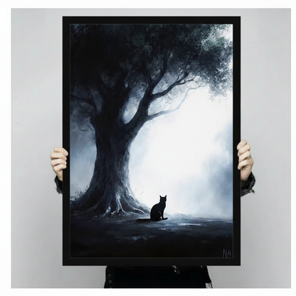 Hands holding framed black cat silhouette beside ancient tree in misty glowing forest digital oil painting canvas – dark blue atmospheric moody cat wall art size reference display