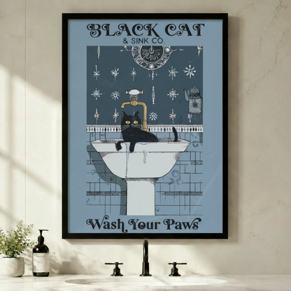 lack Cat and Sink Co Wash Your Paws black cat lounging on white pedestal sink framed wall art - vintage gothic typography bathroom canvas print with steel blue background brass faucet and dark floral tile for bathroom vanity decor