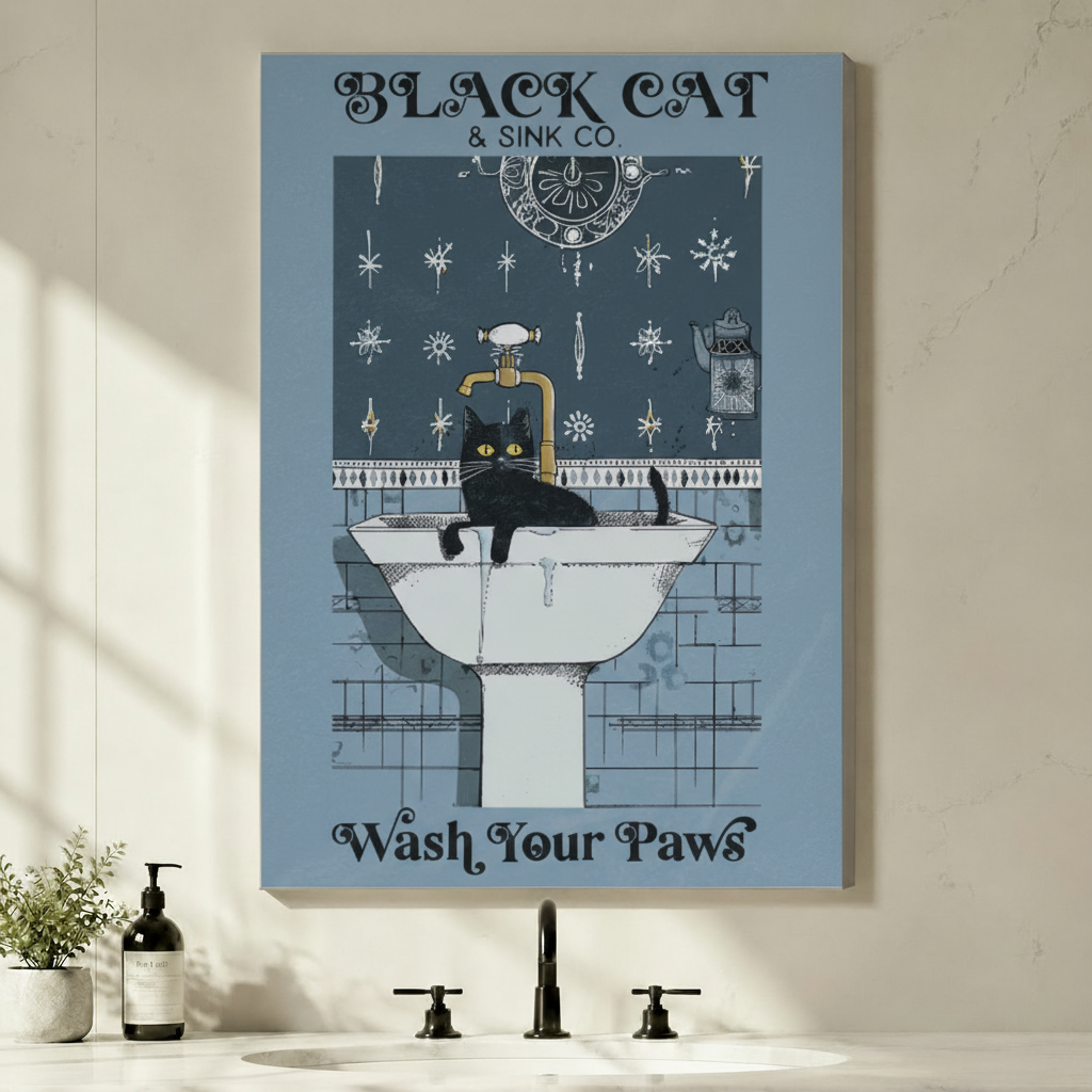 Unframed Black Cat and Sink Co Wash Your Paws canvas print - retro gothic lettering bathroom wall art with yellow-eyed black cat on white pedestal sink brass tap and steel blue snowflake tile background for contemporary bathroom decor