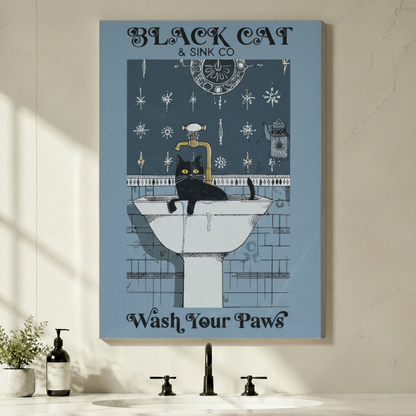 Unframed Black Cat and Sink Co Wash Your Paws canvas print - retro gothic lettering bathroom wall art with yellow-eyed black cat on white pedestal sink brass tap and steel blue snowflake tile background for contemporary bathroom decor