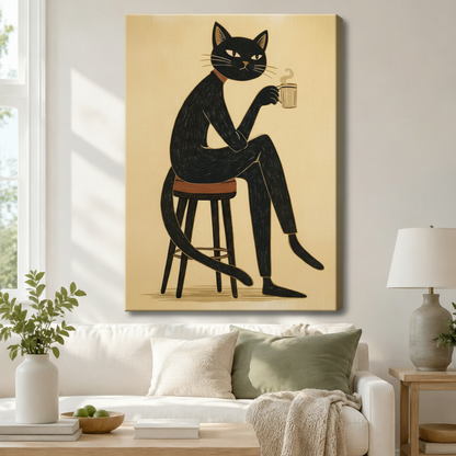 Quirky anthropomorphic black cat on stool with hot coffee mug minimalist linocut gallery wrapped canvas hung above a white sofa with sage green cushions in a cozy neutral living room
