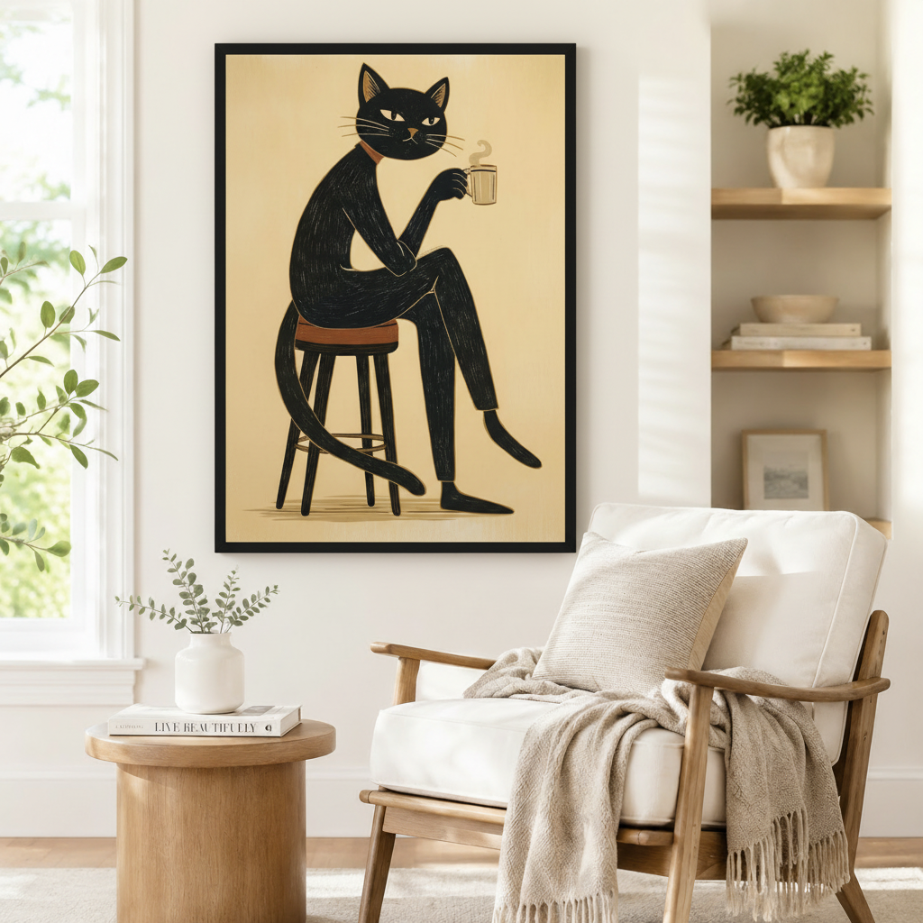 Cool black cat seated on wooden stool holding coffee cup minimalist black and cream linocut framed wall art mounted beside a white armchair with throw blanket in a Scandinavian reading nook