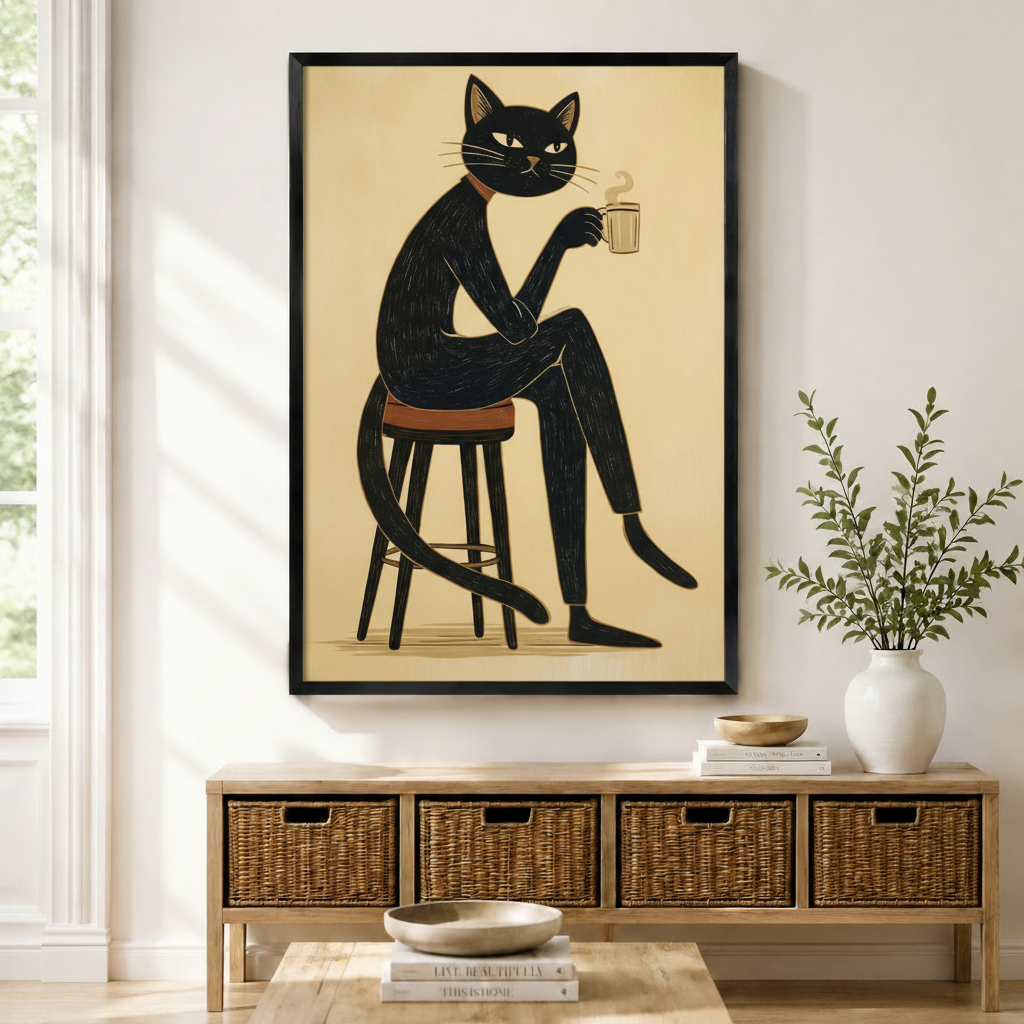 Funny black cat sitting on stool holding steaming coffee cup minimalist linocut style framed wall art in black frame displayed above a wooden sideboard with wicker baskets in a bright entryway