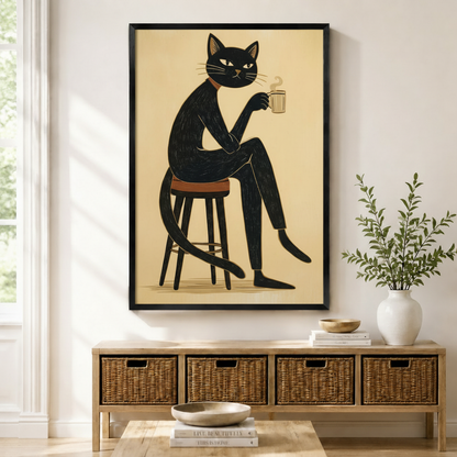 Funny black cat sitting on stool holding steaming coffee cup minimalist linocut style framed wall art in black frame displayed above a wooden sideboard with wicker baskets in a bright entryway