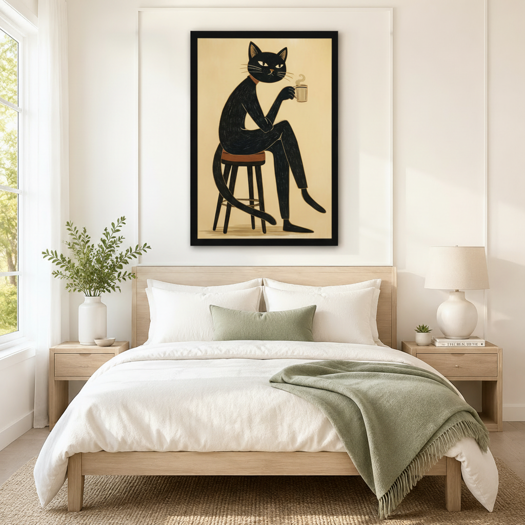 Stylish black cat sitting on stool sipping coffee minimalist linocut wall art in black frame hung as bedroom statement piece above a light wood bed with white linen and sage green throw