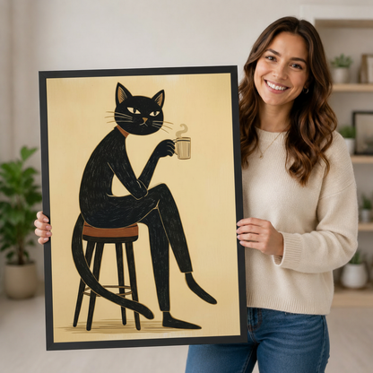 Smiling woman holding large black cat on stool with coffee cup minimalist linocut framed art print in black frame, demonstrating print size and artwork detail