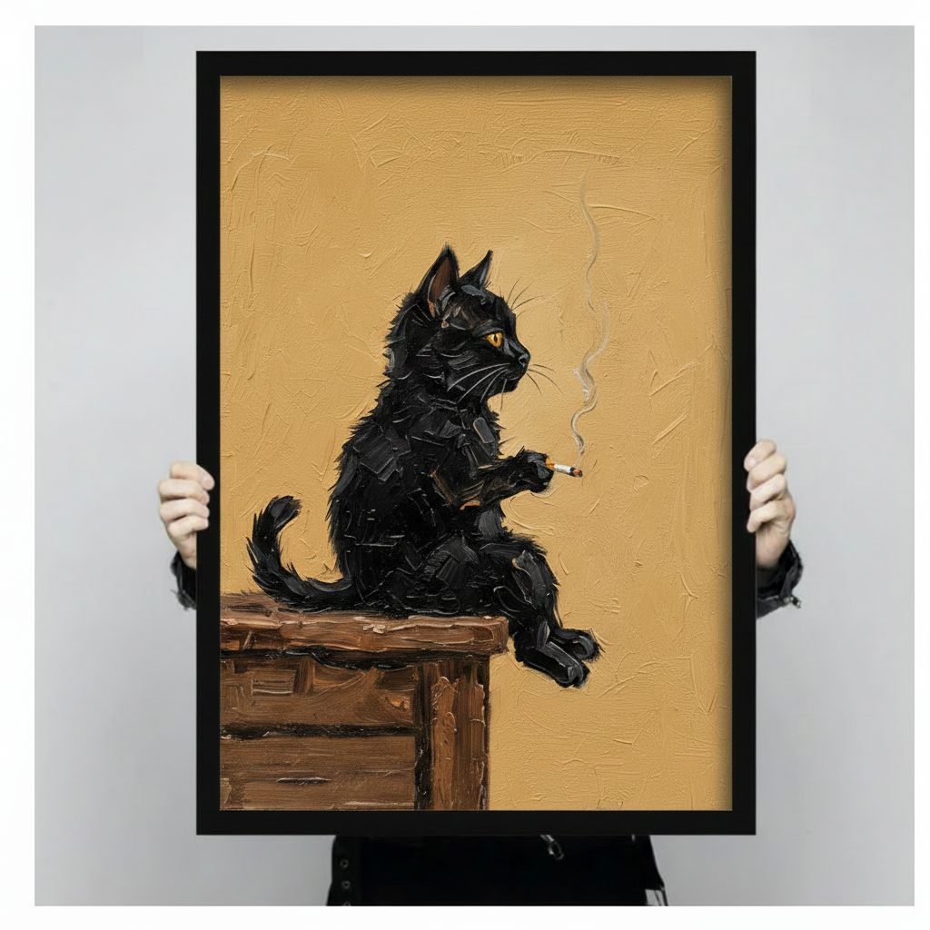 Hand-held black cat smoking canvas print close-up — vintage oil painting dark humor art detail view