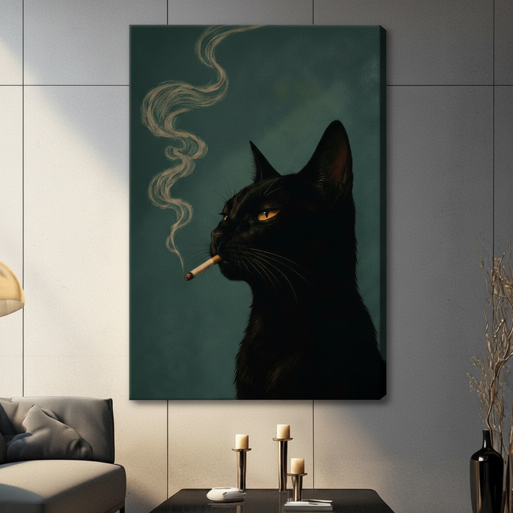Unframed canvas wall art of a black cat with glowing amber eyes smoking a cigarette against a teal background