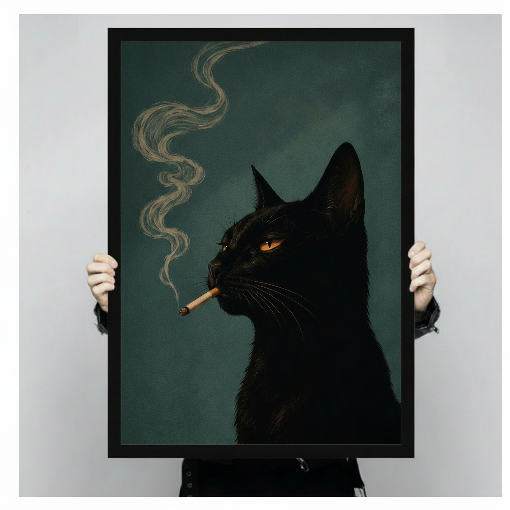 Person holding large framed black cat smoking cigarette portrait art print showing print size and detail
