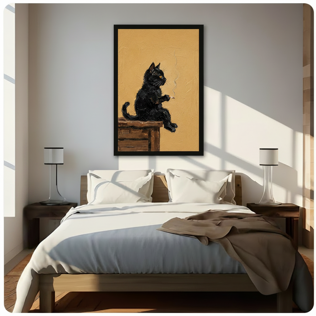 Black cat smoking framed canvas above bed — moody vintage oil painting wall art for bedroom decor