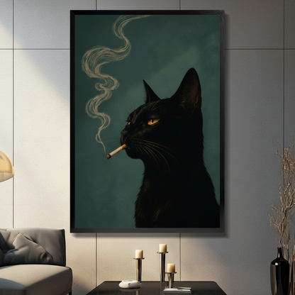 Framed black cat smoking cigarette wall art print displayed in moody dark living room interior
