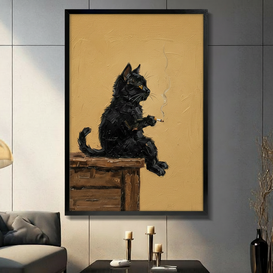 Vintage black cat smoking framed canvas wall art — moody amber gold oil painting print for living room decor