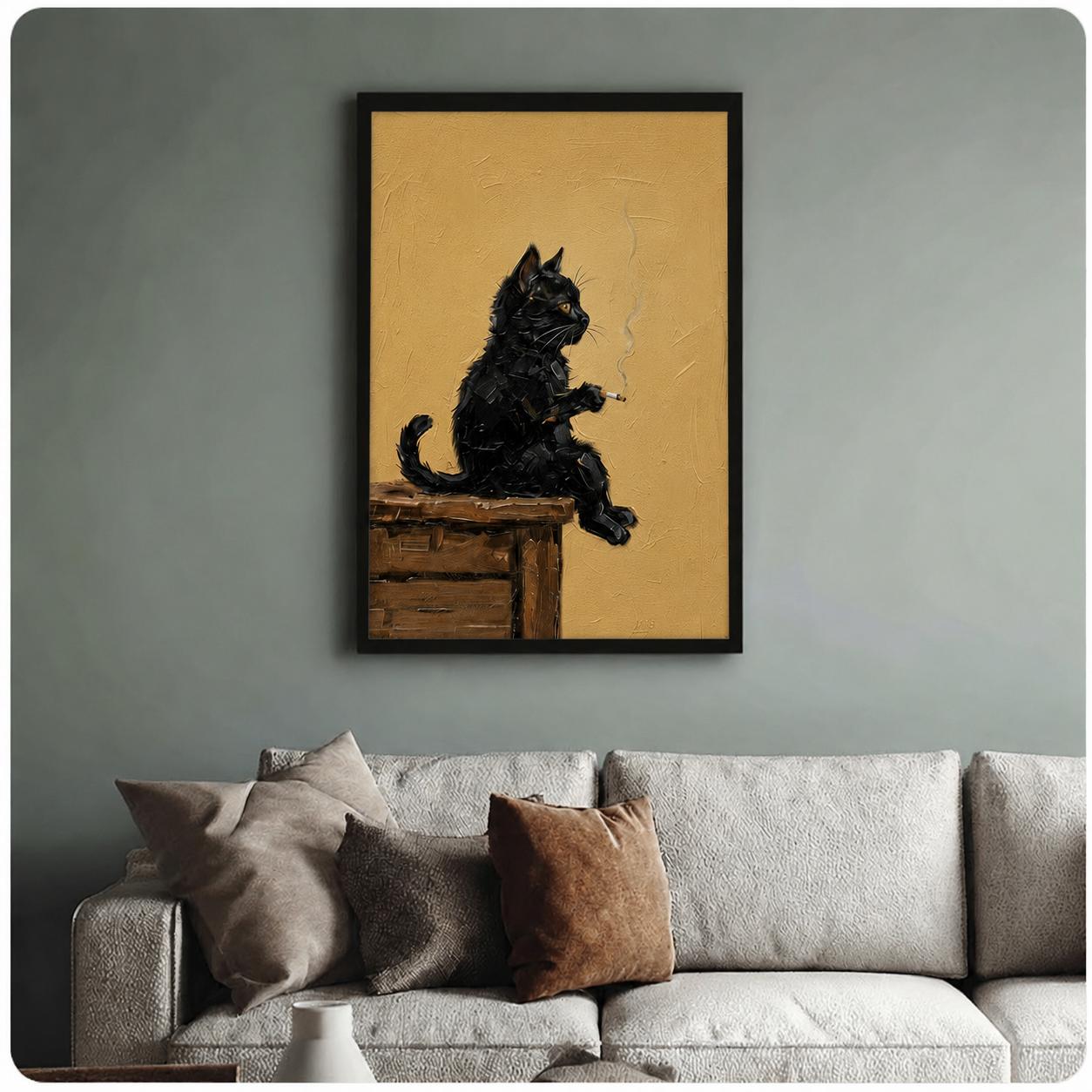 Moody black cat canvas art above sofa — premium vintage oil painting print for eclectic living room decor