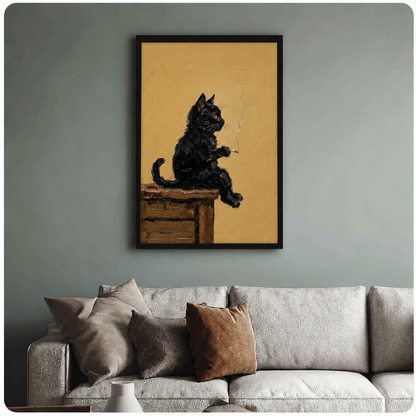 Moody black cat canvas art above sofa — premium vintage oil painting print for eclectic living room decor