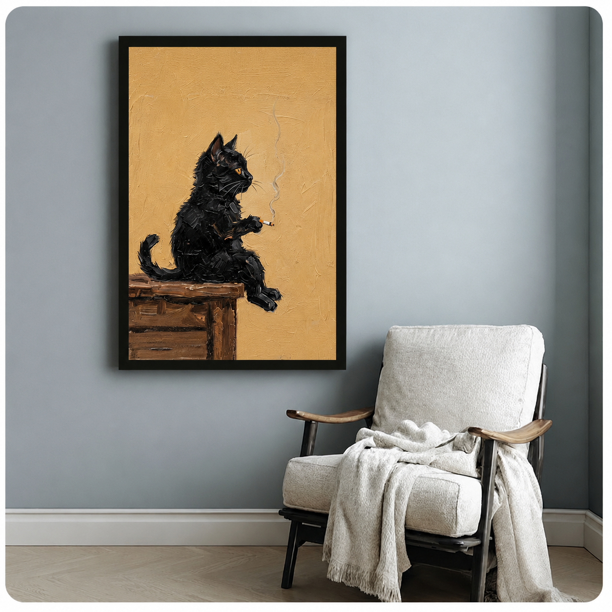 Vintage black cat smoking framed canvas beside reading chair — dark humor oil painting wall art for cozy den