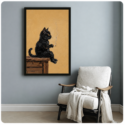 Vintage black cat smoking framed canvas beside reading chair — dark humor oil painting wall art for cozy den