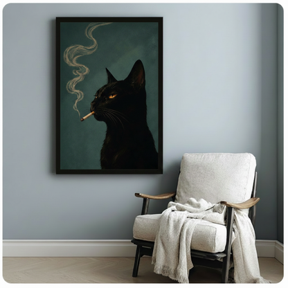 Gothic black cat smoking art print in black frame hung on grey wall above white armchair in minimalist room