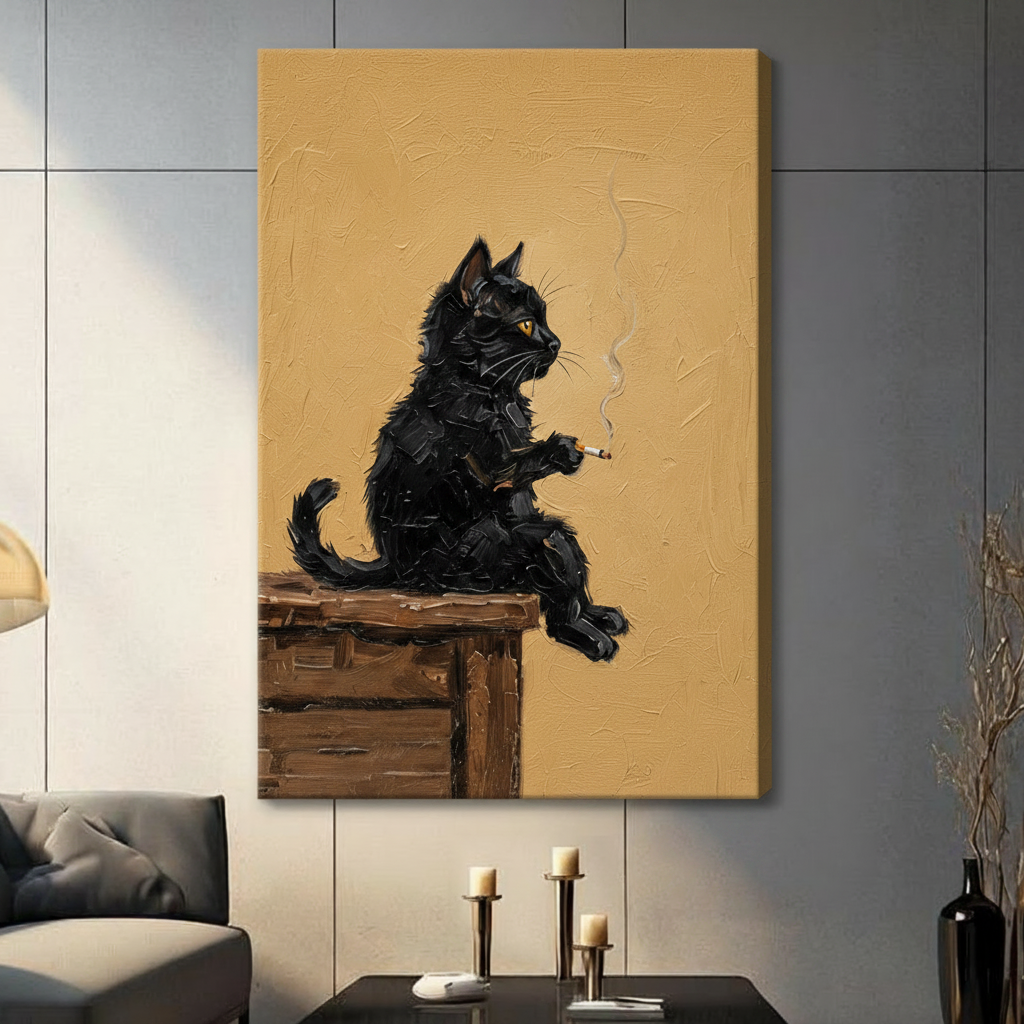 Black cat smoking stretched canvas print — dark humor vintage oil painting wall art for home office