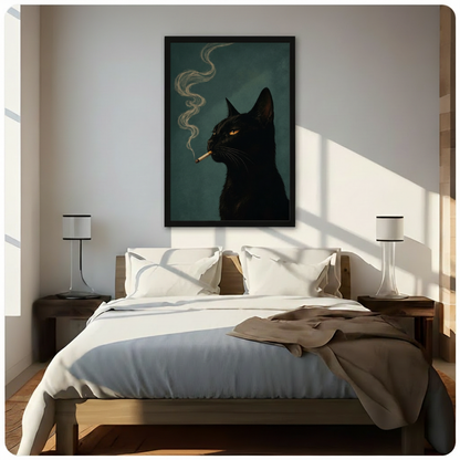 Framed dark gothic black cat smoking art print displayed above bed as statement bedroom wall decor