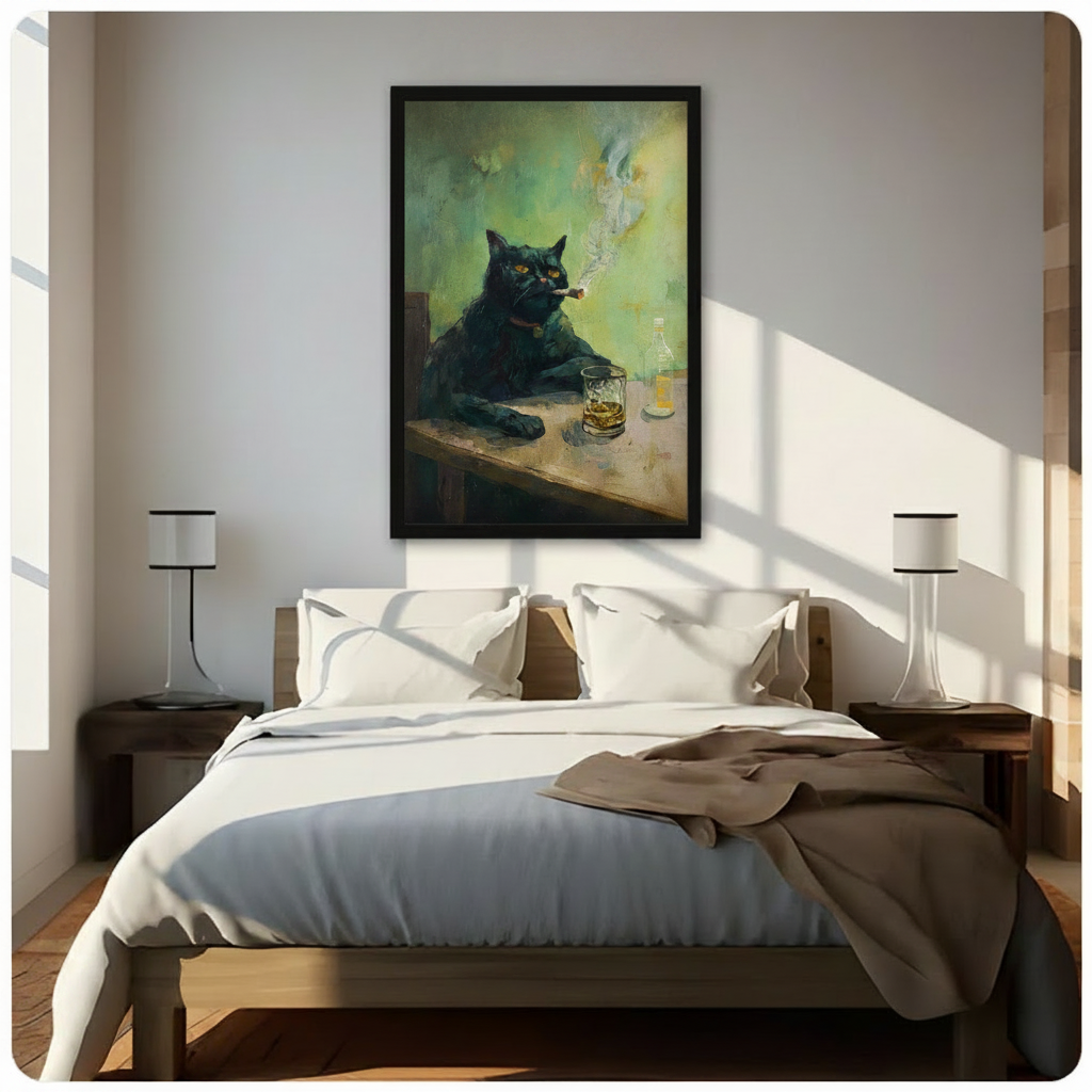 Moody black cat smoking cigar with whiskey bottle framed canvas art hung above bed in modern bedroom