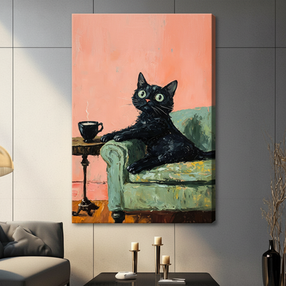 Atmospheric impressionist-style thick oil painting of a glossy black short-haired cat draped lazily over the armrest of a retro mint green upholstered sofa gazing upward with large expressive round green eyes a small pink nose and prominent white whiskers next to an ornate slender cast iron side table with a round wooden top holding a dark steaming coffee mug on a warm amber wood floor with a richly textured coral pink wall filling the background painted with visible thick brushstroke marks charming retro b
