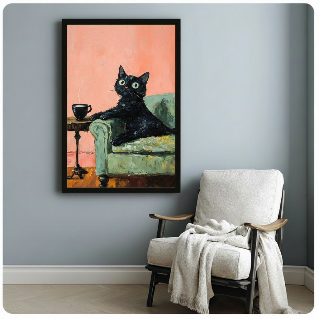 Expressive impasto oil painting of a relaxed all-black cat reclining on the curved arm of a vintage sage mint green sofa tilting its head up with wide curious round green eyes a pink nose and long white cat whiskers to the left a slender dark cast iron pedestal accent table holds a hot steaming black coffee cup on a warm orange hardwood floor the background is a broad flat wash of textured terracotta coral salmon pink with heavy visible oil brushstroke and palette texture throughout funny cozy cat and coffe